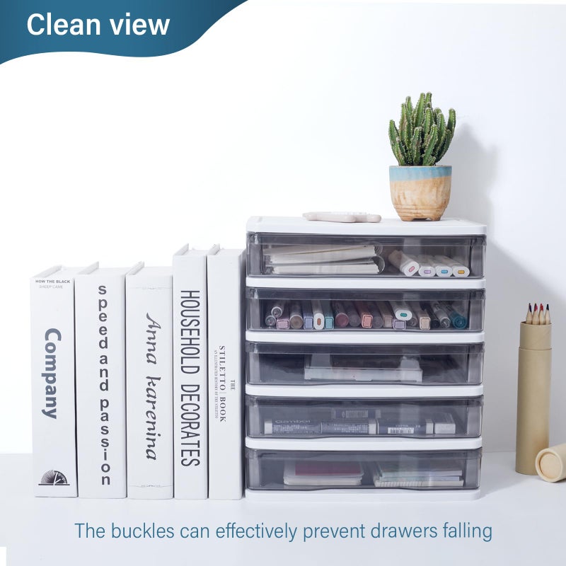 Charmewooden 5 Drawer Desktop Storage with clear drawers  Small Drawer Organizer  Clear Plastic Drawers Organizer  Desktop Organizer with Drawers  Plastic Drawer Storage with Sliding Drawer - Image 5